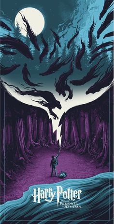 the poster for harry potter is shown in purple and blue