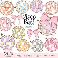 disco ball clipart set with different colors and patterns, including pinks, blue, yellow