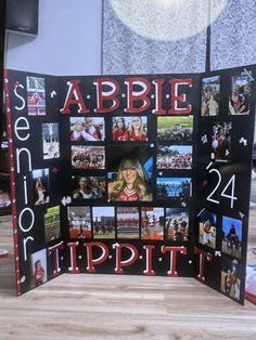 a collage of photos is displayed on a table