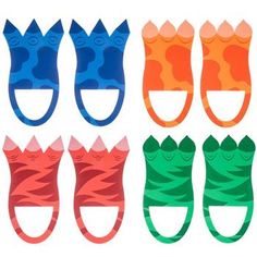 six pairs of shoes with different colors and shapes on the bottom one is blue, green, red, orange, and pink