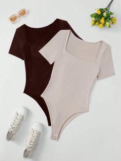 Square Neckline Tight Short Sleeve Bodysuit Multicolor Casual  Short Sleeve Knitted Fabric Plain Tee High Stretch  Women Clothing, size features are:Bust: ,Length: ,Sleeve Length: Neckline Slimmer, Body Suits, Shein Outfits, Estilo Hip Hop, Suit Shirts, Plain Tees, Closet Staples, Slim Fit Shorts, Short Sleeve Bodysuit