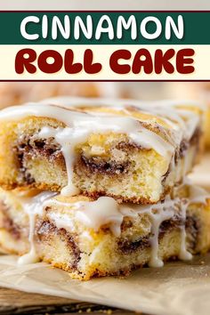 cinnamon roll cake is stacked on top of each other