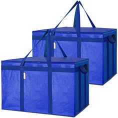 two blue storage bags with handles and straps