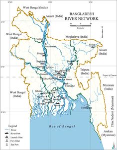 a map of bangladesh showing rivers and major cities in the country's river network