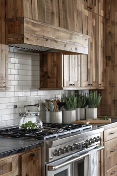 a stove top oven sitting inside of a kitchen next to wooden cupboards and counter tops