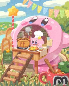 an image of a cartoon character cooking food in a pink tent with bunnies and bundts