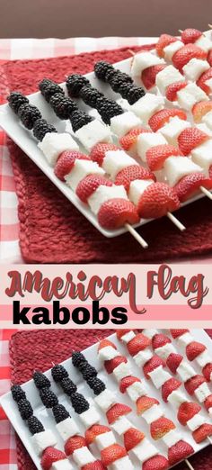 american flag kabobs on a plate with strawberries and blackberries in them