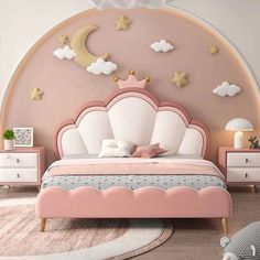 a pink and white bedroom with gold stars on the headboard, clouds in the sky