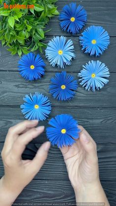 blue paper flowers being held by two hands over a wooden surface with green plants in the background