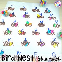 the letter match is made with letters and numbers on a sheet of paper that says bird nest