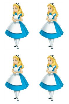 four different images of alice in blue and white dress with her hands on her hips