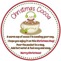 a merry christmas cocoa label with a snowman in a cup on the front and bottom