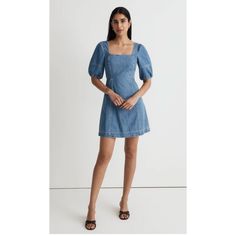 Combining Our Favorite Fabric And A Dramatic Silhouette, This Fitted Denim Mini Dress Has A Rounded Square Neckline, Voluminous Balloon Sleeves And Contrasting Topstitching Details.Body-Skimming Fit.Falls 35 1/2" From High Point Of Shoulder (Based On Size 6).Cotton.Brand Logo Markednew Without Tags Dramatic Silhouette, Rounded Square, Denim Mini Dress, Madewell Dresses, Denim Mini, High Point, Balloon Sleeves, Size 00, Square Neckline