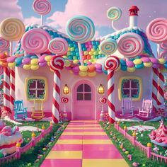 the candy land is decorated in pink, yellow and blue