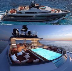 there are two pictures that show the inside of a boat and outside of a yacht