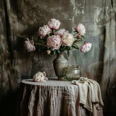 a vase filled with pink flowers sitting on top of a table next to a curtain