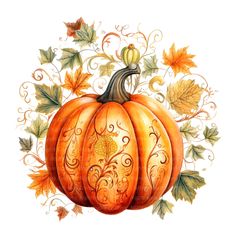 a drawing of a pumpkin with leaves and swirls on it's sides, in front of a white background