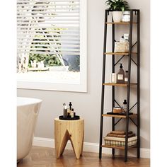 a shelf with bottles and soaps on it next to a bathtub