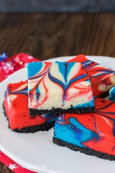 red, white and blue swirled cheesecake on a plate