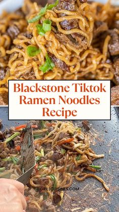 the black stone tiktok ramen noodles recipe is shown in three different pictures