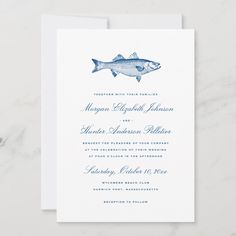 a blue and white wedding card with a fish on the front, in watercolor