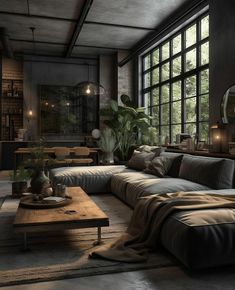 a living room filled with lots of furniture next to a large window covered in plants