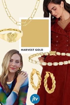 A woman with blonde hair and a woman with dark brunette hair wearing gold jewelry against a light yellow background. Season Of Giving, Be Bold, For Everyone, Jewelry Collection