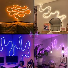 four different pictures with neon lights in the middle and on the wall, there is a computer desk next to a couch