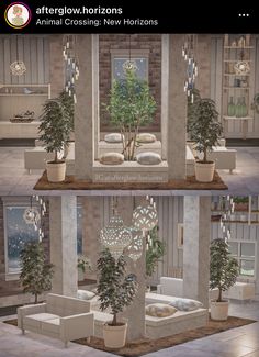 two pictures of a living room with couches and potted plants