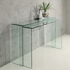 a glass console table with an air plant on top in front of a concrete wall