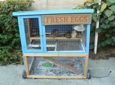 a small blue cart with an egg laying in it's cage on the sidewalk