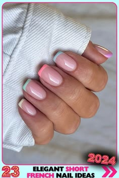 Pastel multi-colored French nails on short square nails, using gel. These short French nails are perfect for spring and summer, adding a playful and cheerful touch with their glossy finish. Ideal for unique and trendy nail designs. Colored French Nails, Short French Nails, Biab Nails, Short French Tip Nails, Summer Gel Nails, Nagel Tips, Her Nails