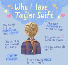 a poster with an image of a woman's face and words above it that say, why i love taylor swift