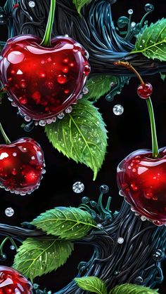 two cherries with green leaves and water droplets on them, against a black background