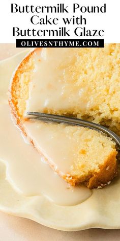 a slice of buttermik pound cake with buttermilk glaze on a plate