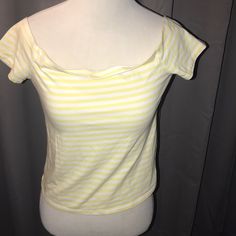 Pacsun Top Yellow/White Striped Shirt Short Sleeve Off Shoulder Nwot Size Medium Non Smoking Home Bin E Yellow T-shirt For Spring Vacation, Striped T-shirt For Summer Day Out, Fitted T-shirt For Spring Vacation, Yellow Casual Summer Tops, Casual Yellow Summer Tops, Summer Striped Stretch Top, Yellow Stretch Cotton Top, White Fitted Summer T-shirt, Fitted Yellow Summer T-shirt