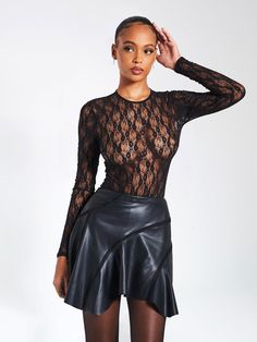 Maisie Black Lace Long Sleeve Bodysuit Lace Stretch Bodysuit For Night Out, Stretch Lace Bodysuit For Night Out, Lace Bodysuit For Party, Stretch Lace Long Sleeve Bodysuit, Fitted Long Sleeve Lace Bodysuit, Elegant Long Sleeve Lace Bodysuit, Fitted Lace Top Bodysuit For Party, Long Sleeve Lace Bodysuit For Party, Party Lace Bodysuit With Lace Trim