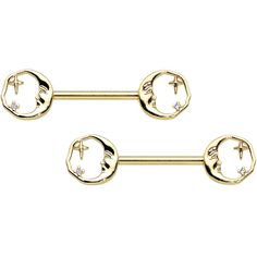 Product Details14 Gauge 9/16 Gold Tone Face Crescent Moon Barbell Nipple Ring Set You really can see a faces in the moon when you're rocking this 14 gauge nipple jewelry! It's made with 14mm gold tone PVD over 316L surgical grade stainless steel straight barbells. Each of the ends features a crescent moon charm. The moon's faces have simple features and are wearing a benevolent, somewhat sleepy expressions. Perched within the moon's circle is a tiny cross-shaped embellishment. If you can't go to the moon, let it come to you with these lovely lunar nipple piercing rings! Sold as a set of two.Specifications14 Gauge (1.6mm), 9/16" (14mm), Gold Tone PVD over 316L Surgical Grade Stainless Steel Straight Barbells, Sold as a Pair Piercing Rings, Tone Face, Tiny Cross, Jewelry Styles, Tongue Rings, In The Moon, Piercing Ring, Moon Charm, Belly Rings