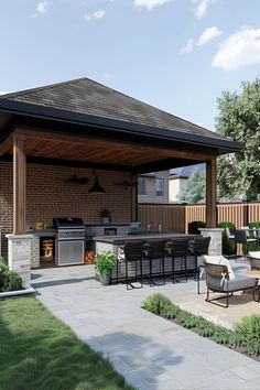 an outdoor kitchen and dining area is shown in this 3d renderer image from the outside