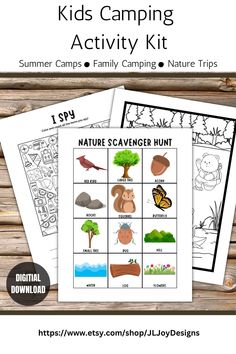 the printable camping activity kit for kids with pictures of animals, trees and plants