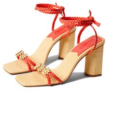 The Floral Motif And Braided Straps On These Mid-Heel Sandals Brings Fun, Feminine Appeal To The Look. Style: Hina Braided Upper, Enamel Flowers Approximate Measurements: Heel 2-1/2"H; Sole 1/9"H Fit: True To Size Man-Made Upper/Lining/Insock; Leather Outsole Imported Orange Beach Heels With Heel Strap, Orange Ankle Strap Heels For Beach, Orange Heel Strap Sandals For Beach, Orange Block Heel Sandals For Vacation, Orange High Heel Sandals For Vacation, Orange Beach Sandals With Heel Strap, Summer Orange Sandals With Wrapped Heel, Orange Open Heel Vacation Heels, Orange Block Heel Heels For Vacation