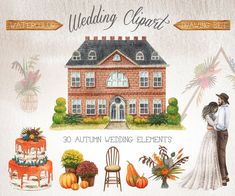 an autumn wedding clipart is shown with the bride and groom standing in front of their home