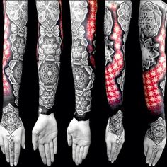 four different sleeve tattoos with red and white designs on both arm, hand and wrist