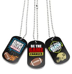 three dog tags that say be the game changer, football and helmet on them