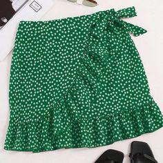 Green With Little White Flowers Never Worn, Zips Up The Back Ties On Hip Knot Skirt, White Polka Dot Skirt, Pu Leather Skirt, Women Bottoms, Overlay Skirt, High Waisted Pleated Skirt, Printed Pleated Skirt, Women Skirts, Polka Dot Skirt