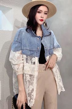 Lace Spliced Loose Denim Jacket – Tomscloth Casual Spring Outerwear With Lace Trim, Spring Lace Patchwork Top For Layering, Casual Lace Trim Outerwear For Fall, Casual Tops With Lace Patchwork For Layering, Casual Sleeveless Patchwork Outerwear, Sleeveless Patchwork Outerwear For Summer, Spring Patchwork Top For Day Out, Casual White Outerwear With Lace Trim, Goth Aesthetic Fashion