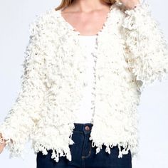 Sweet Generis Cream Shaggy Fur Knit Jacket 100% Acrylic Winter Textured Knit White Outerwear, White Textured Knit Winter Outerwear, White Knit Outerwear For Winter, White Knitted Trendy Outerwear, Cozy White Cotton Outerwear, Spring Cream Knitted Outerwear, Trendy White Knitted Outerwear, Cozy Winter White Outerwear For Spring, White Cotton Sweater For Spring