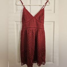 Abercrombie And Fitch Crochet Dress Color- Brick Red Size- Medium Great Condition! Red Lace Knee-length Mini Dress, Red Crochet Dress For Spring Party, Red V-neck Lace Dress, Red Lace Dress For Brunch, Abercrombie And Fitch, Abercrombie & Fitch, Brick Red, Crochet Dress, Abercrombie Fitch