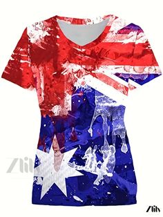 Zlily - Flag Print V Neck T-Shirt: Stylish Short Sleeve Casual Tee for Spring & Summer, Perfect Addition to Your Womens Fashion Collection Fitted Flag Print Short Sleeve Tops, Summer V-neck Tops With American Flag Print, Multicolor Graphic Print V-neck T-shirt, Cotton V-neck Top With American Flag Print, Cheap Short Sleeve T-shirt With American Flag Print, Cheap American Flag Print V-neck T-shirt, Casual Tee, Neck T Shirt, V Neck T Shirt