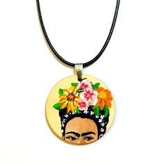 Hand Painted Frida Kahlo's Portrait Wooden Pendant Frida Baby, Floral Portrait, Wood And Acrylic, Upcycled Crafts, Wooden Pendant, Bday Ideas, Cotton Cord, Waxed Cotton, Special Person